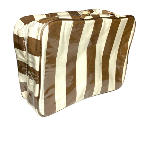 Pottery Barn Handbags - Pottery Barn Ultimate Cosmetic Travel Bag Brown White Stripe Makeup case train